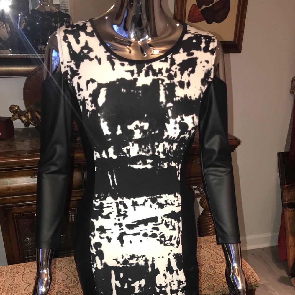 Black and White Faux Leather Sleeved Dress